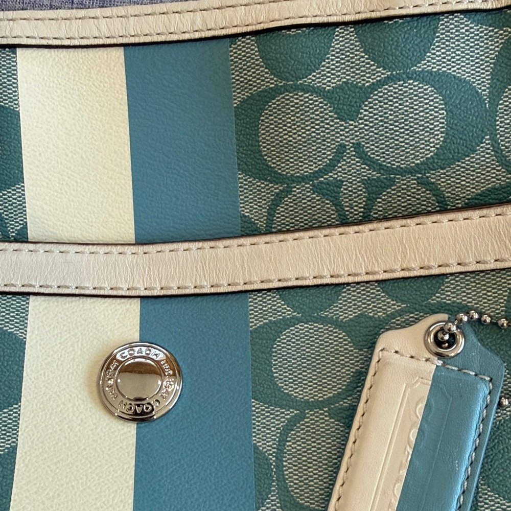 Coach Teal Signature Stripe Tote with Ivory Trim - Picture 10 of 15